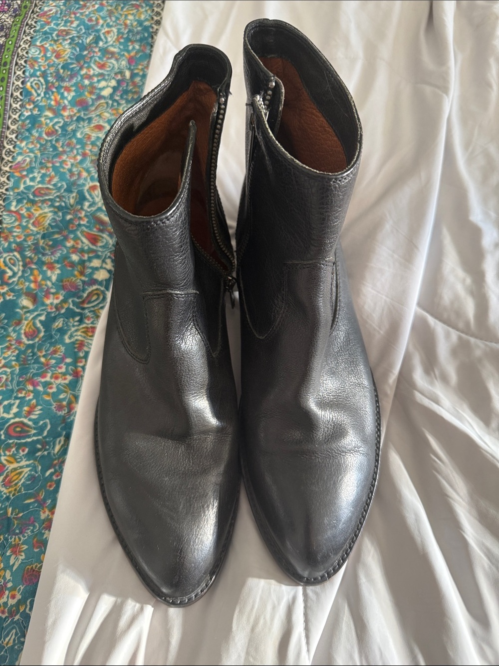 Frye Black Leather Pointed Toe Ankle Booties with Inner Zip